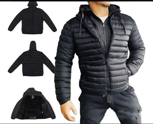 Campera Clasica Yd Negro Capucha Doble Cierre Piel Abrigo - Miniatura 2