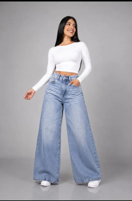 Wide Leg Azul Localizado C/bigotes