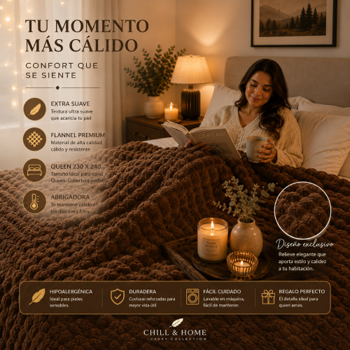 Frazada Flannel Deluxe  Chill & Home Queen Cuadraditos, Marron - Miniatura 4