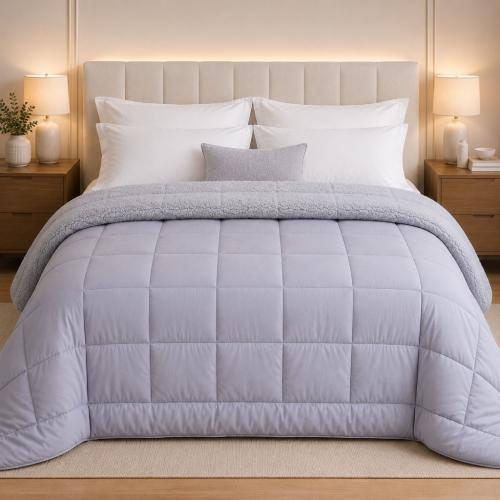 Acolchado con Corderito King Size Gris Claro Premium Súper Abrigado Ultra Suave