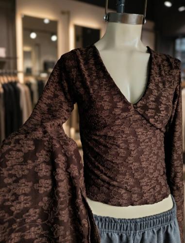 Top Encaje Manga Larga Oxford Tul Encaje Camiseta