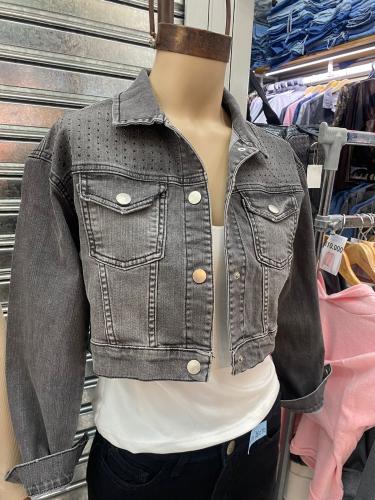 Campera Jean Corta Gris con Strass - Miniatura 4