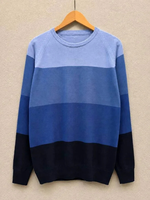 Suéter Rayado Azul Clásico Cuello Redondo