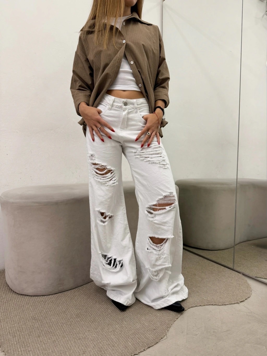 Mega Wide Color Blanco con Roturas Denim Rigido Premium - Imagen 3