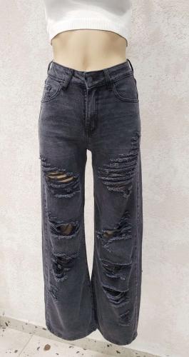 Pantalon Negro  con Roturas Wide Leg Tiro Medio