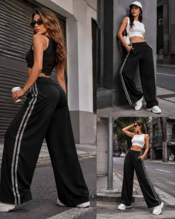 Pantalon Palazo Tiras Líneas Brillo  Tiras Brillantes Lycra