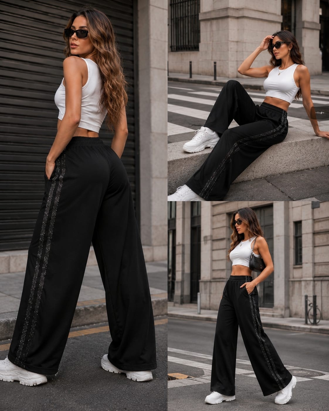Pantalon Palazo Tiras Líneas Brillo  Tiras Brillantes Lycra - Imagen 3