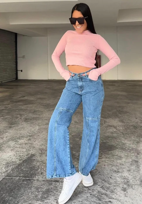 Jeans Wide Leg con Recorte en T Celeste Nevado