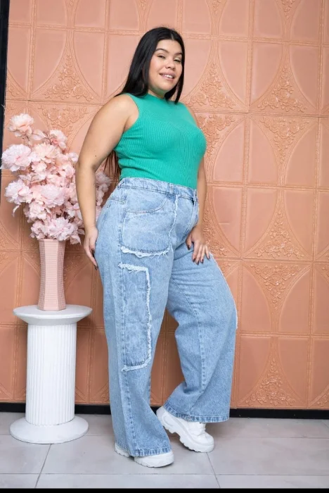 Wide Leg Flecos Celeste Nevado