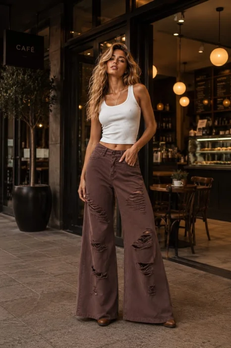 Pantalón con Roturas Super Wide Leg Color Chocolate