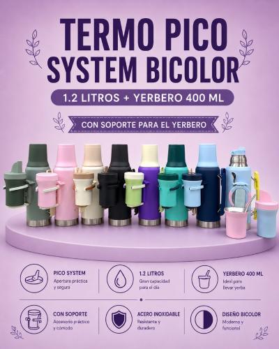 Termo Pico System Bicolor 1.2l + Yerbero 400 Ml