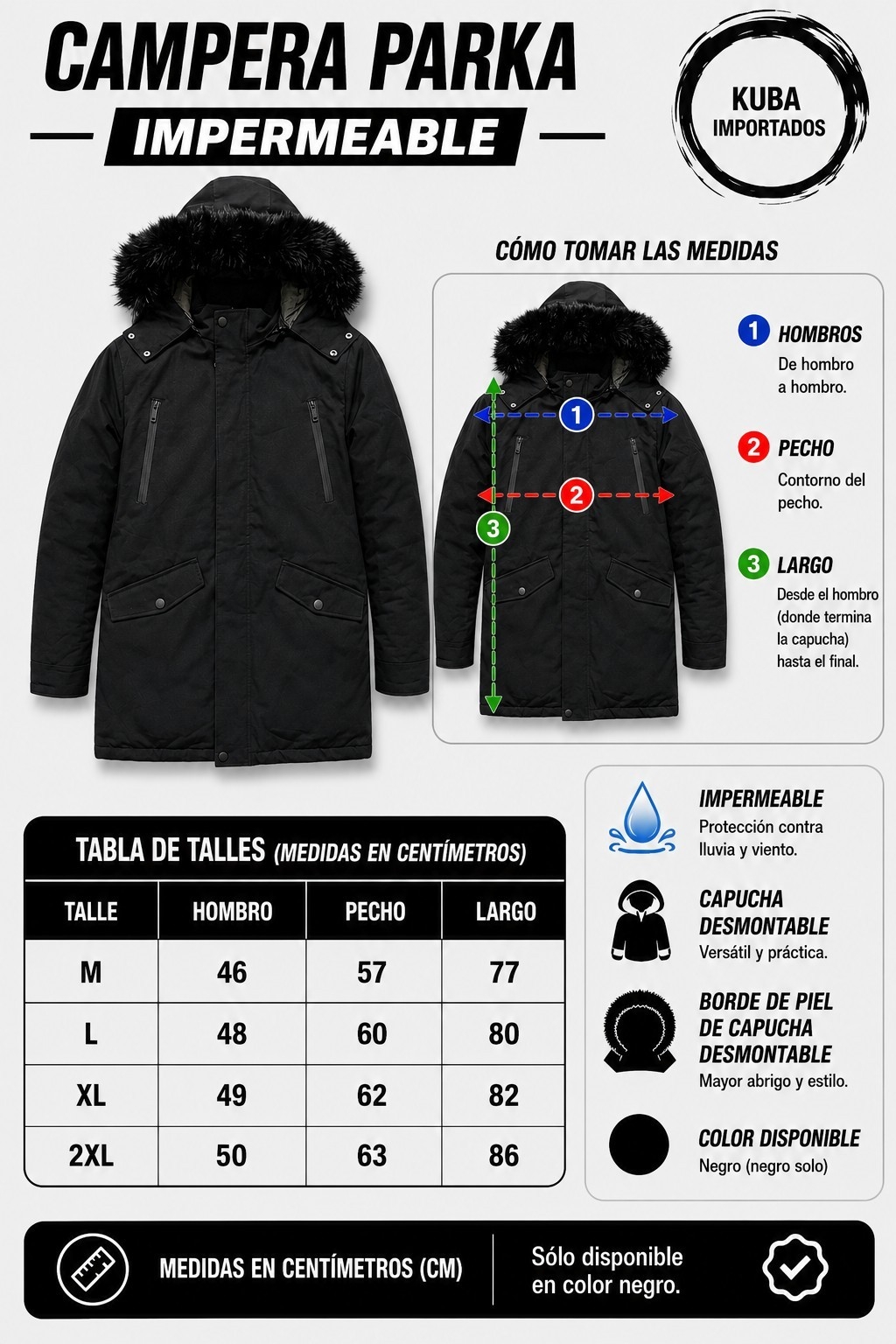 Campera Parka Impermeable Negro - Imagen 3