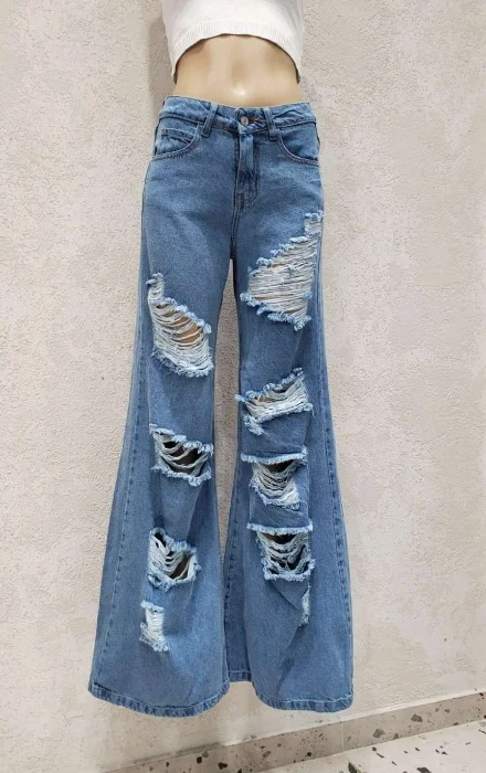 Pantalón Super Wide Leg con Roturas Tiro Alto