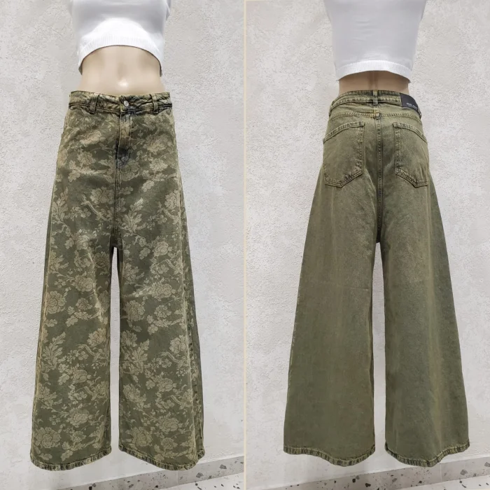 Mega Wide Estampado Tiro Semi Caido Denim Rigido Premium