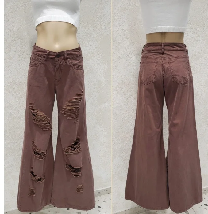 Mega  Wide Leg Color Chocolate Tiro Medio Denim Premium