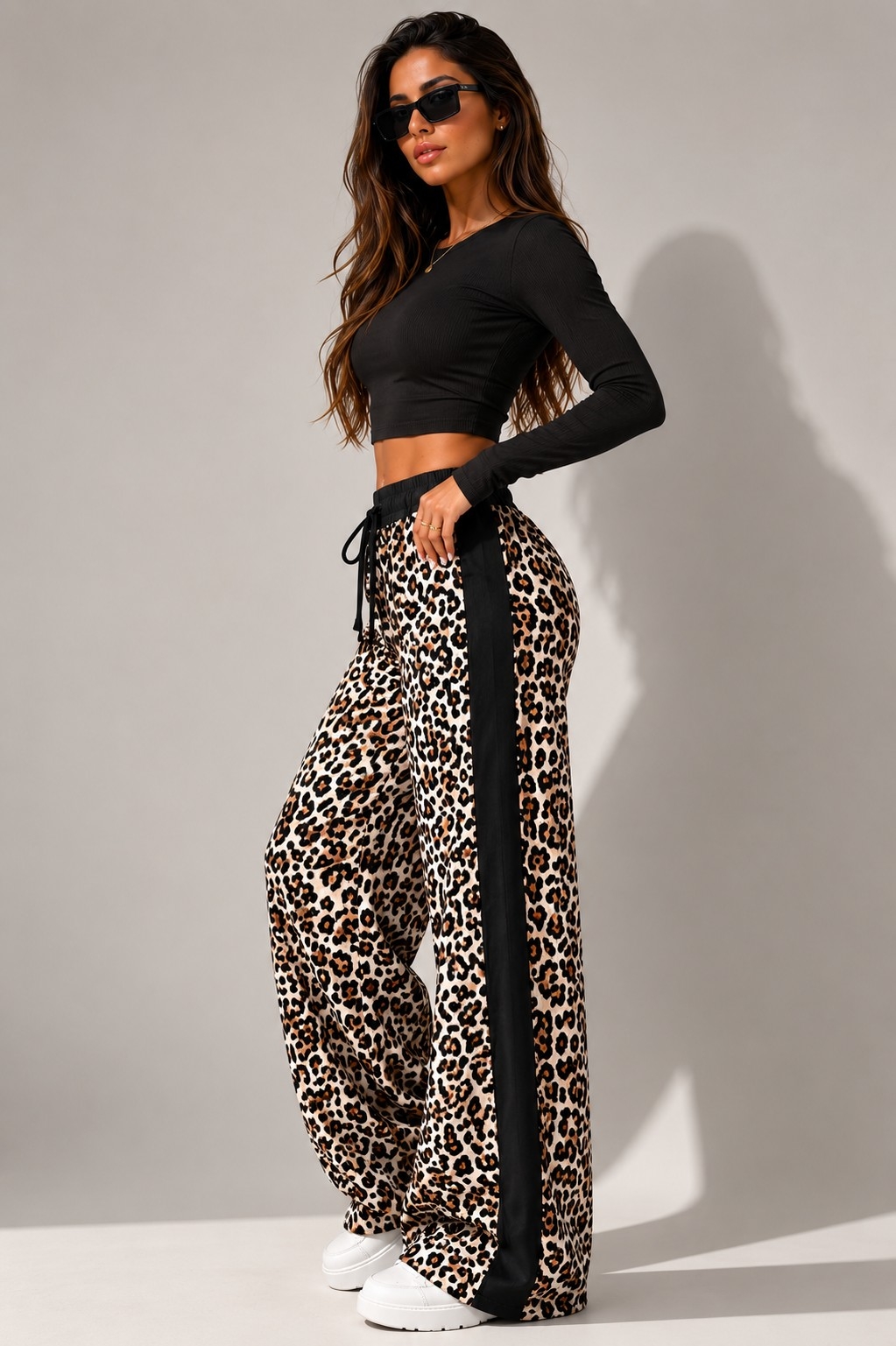 Pantalon Palazo Animal Print Plush Interno Cintura Combinada Franja - Imagen 1