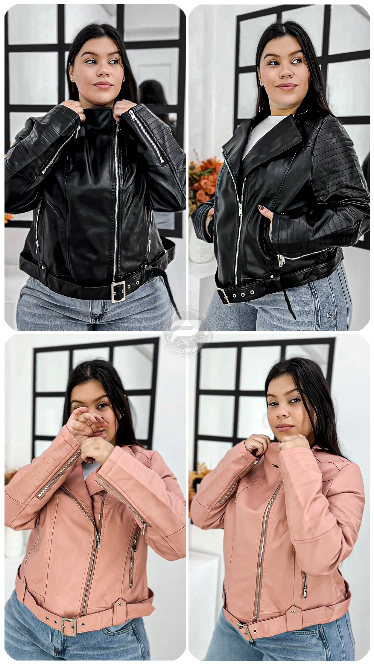 " Campera Chaqueta Eco Cuero C/ Cinto / Rosa - Rockstar - Importado Premium " - 01-ROCKERA-COLLAGE.png