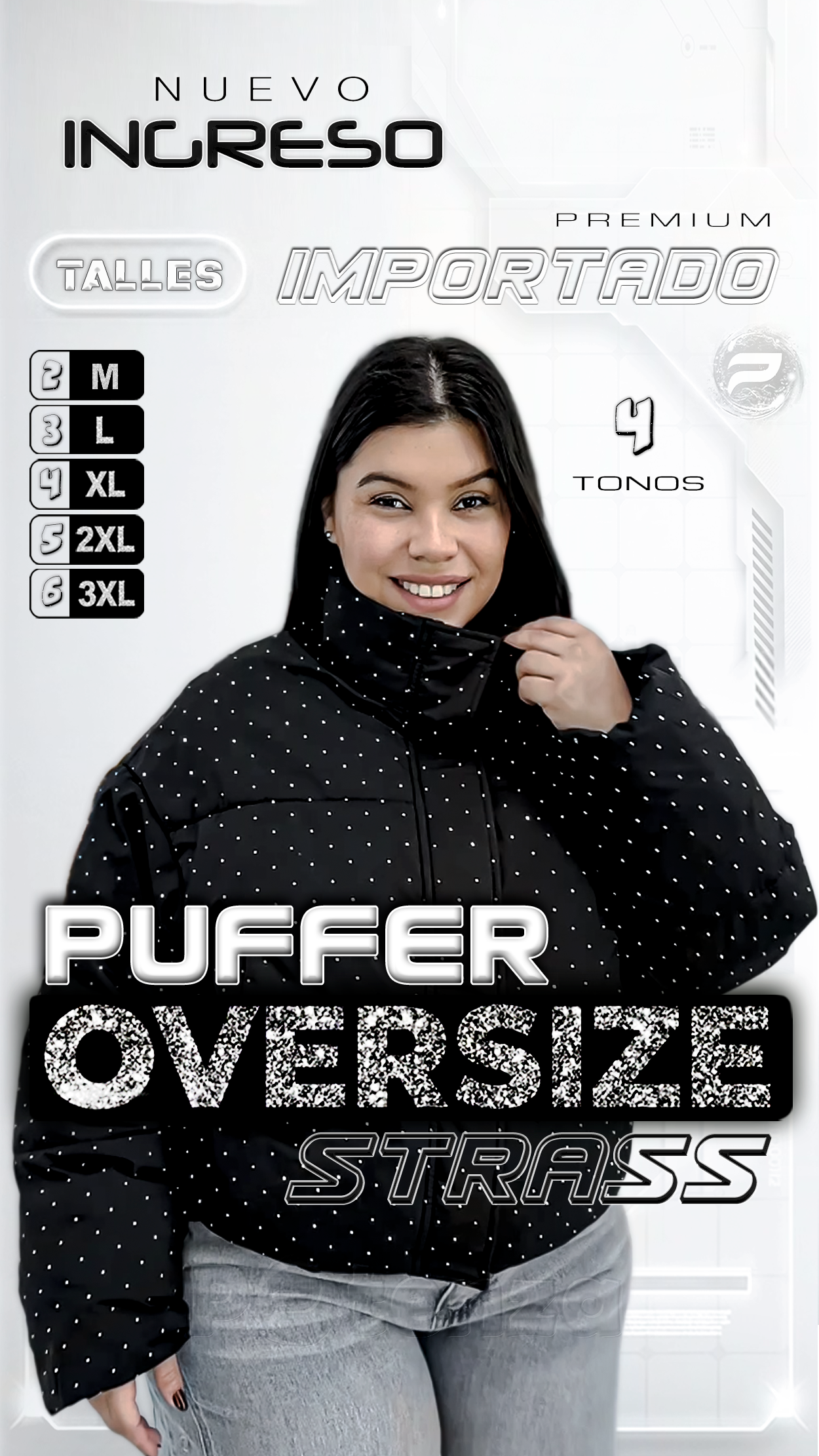" Puffer Oversize con Strass Campera / Negro - Acolchada - Importado Premium " - PUFFER-NEGRO-01.png