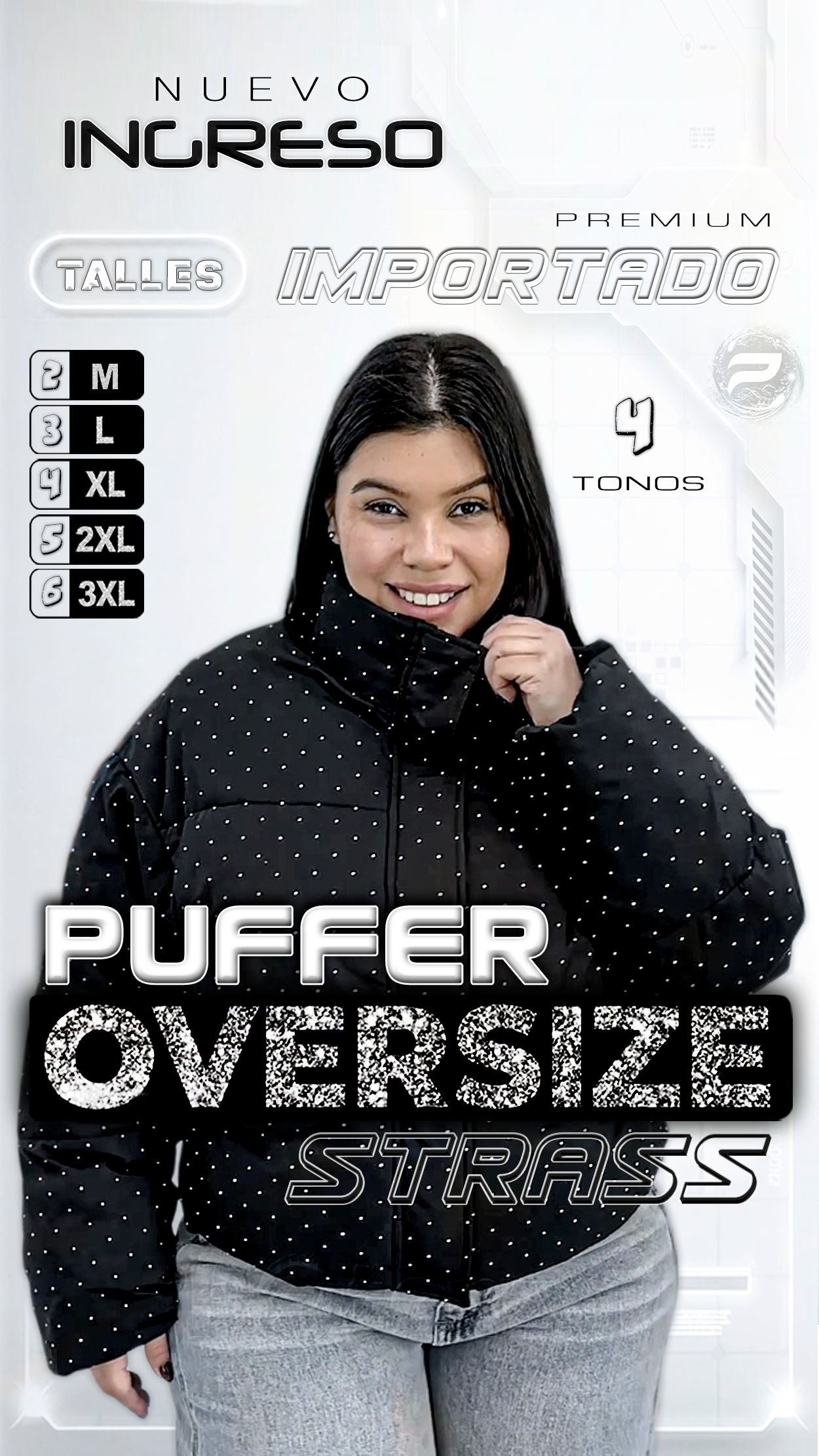 " Puffer Oversize con Strass Campera / Negro - Acolchada - Importado Premium " - PUFFER-NEGRO-02.png