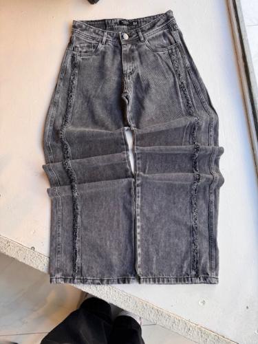 Wide Leg Tiro bajo Flecos Gris Arenado