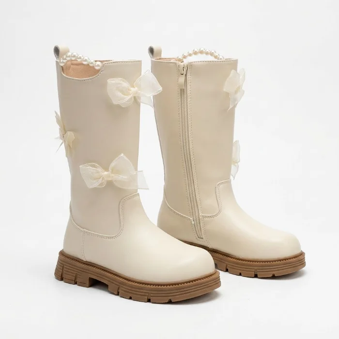 Borcego Niña Importado Infantil Moños y Perlas Talles 27 al 37 Nena Beige Negro