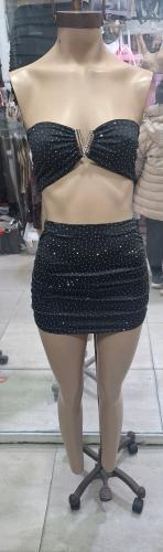 Conjunto Micro Strass,pollera Frunce C/ Bando Hebilla V Strass