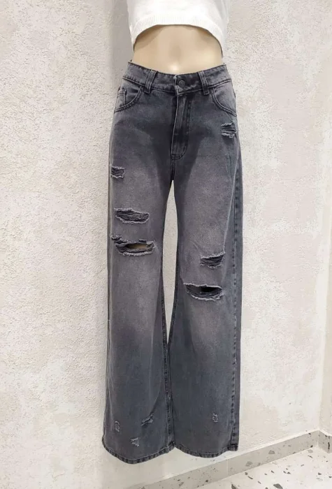 Wide Leg Tiro Medio Color Gris con Roturas Denim Premium
