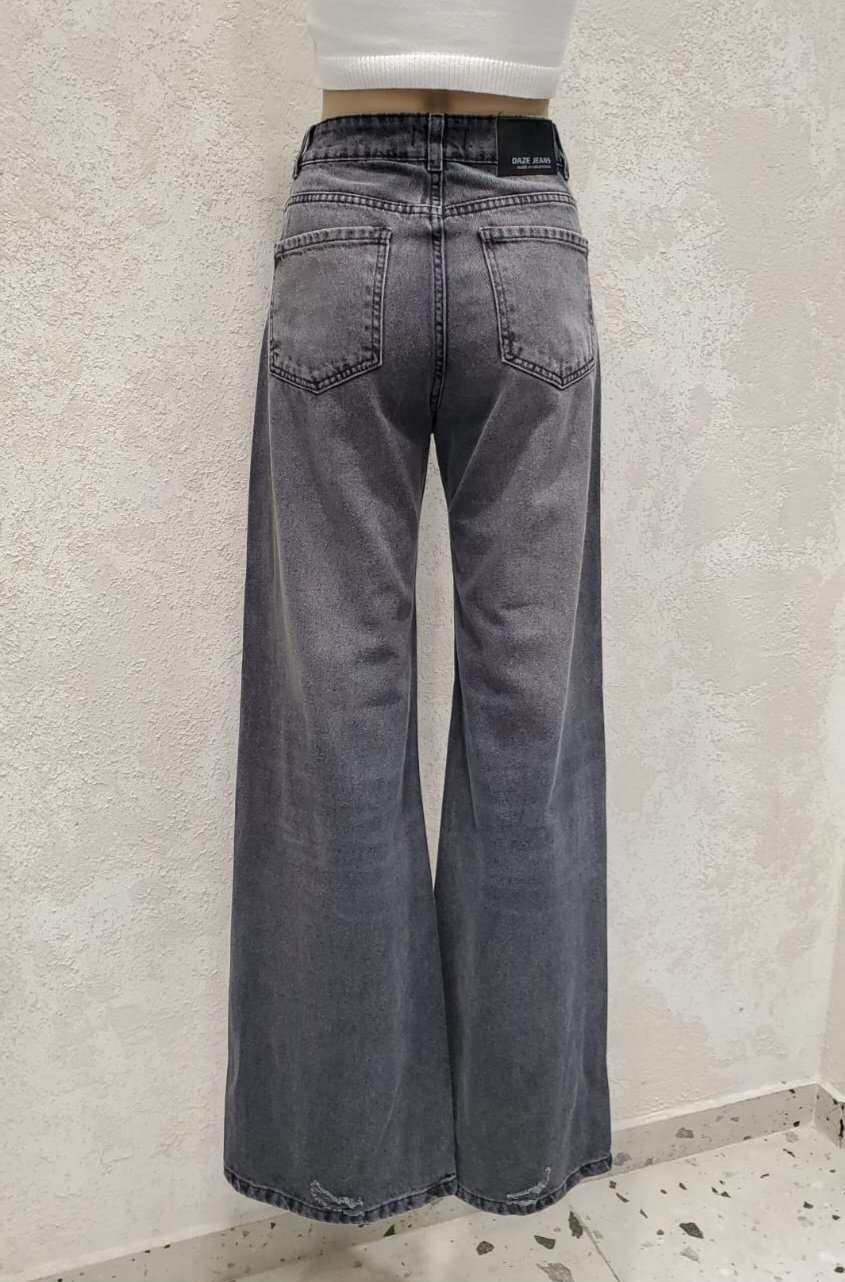 Wide Leg Tiro Medio Color Gris con Roturas Denim Premium - Imagen 2