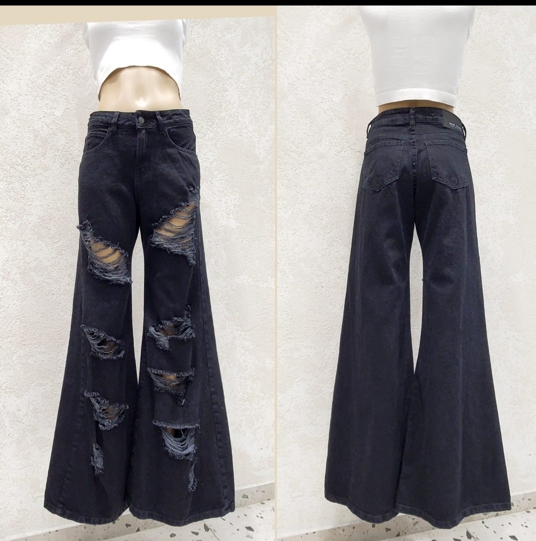 Pantalón Super Wide Leg Negro con Roturas - Imagen 2