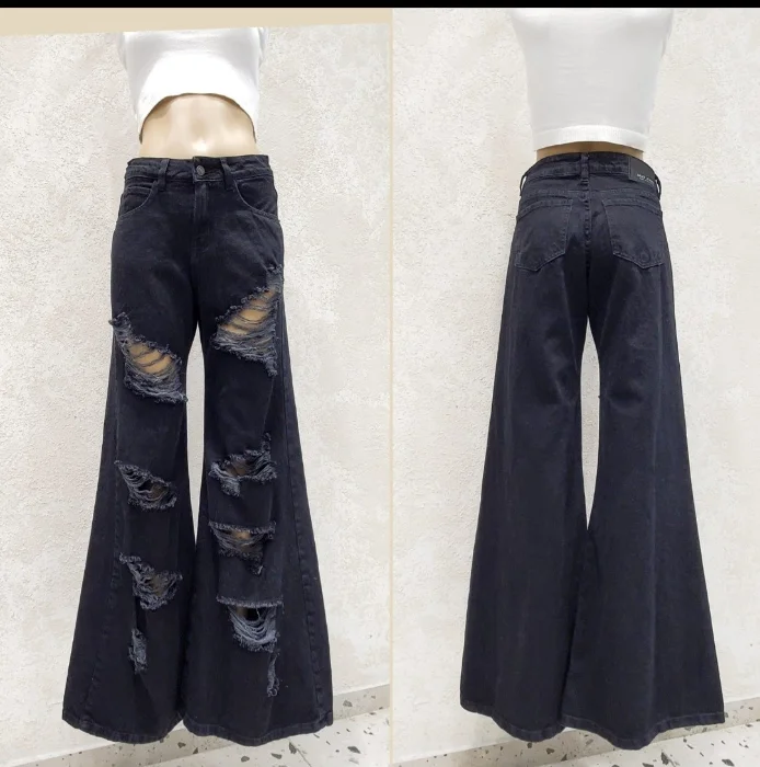 Mega Wide Leg Negro con Roturas Denim Rigido Premium