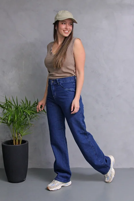 Wide Leg Azul Stone! Rigido Tiro Alto! Talles Reales