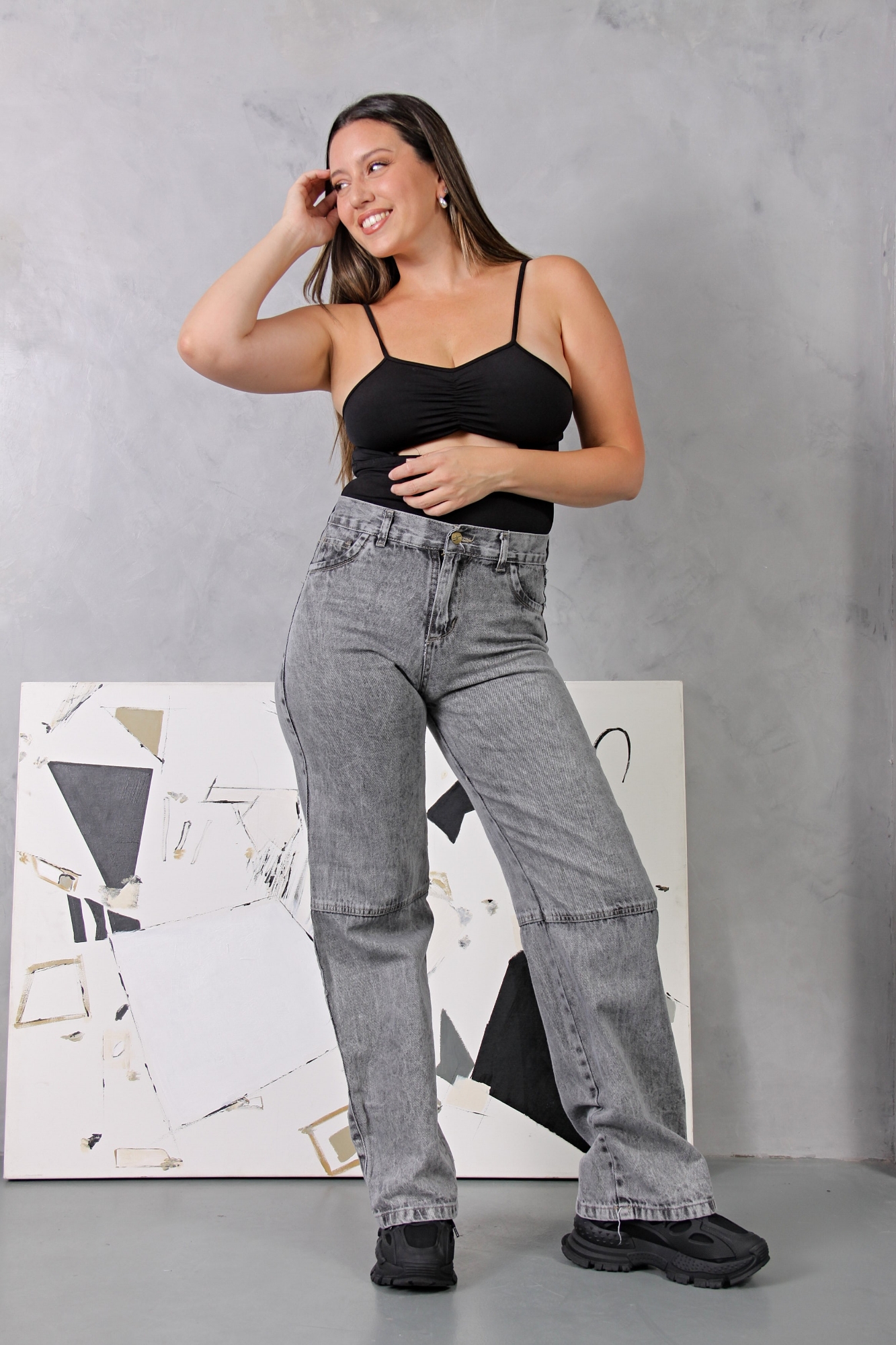 Wide Leg Gray con Recorte! Rigido Tiro Alto - Imagen 3