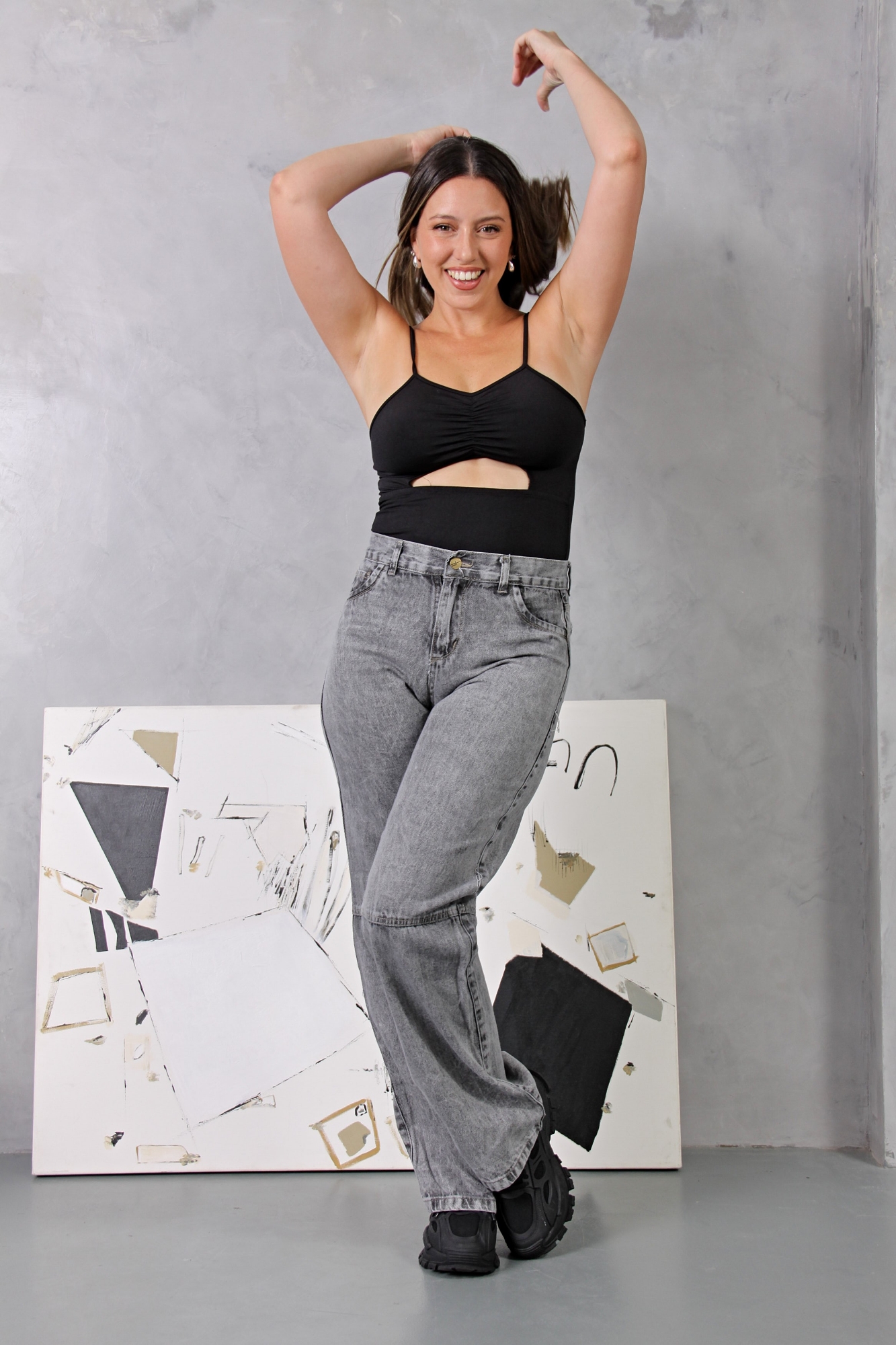 Wide Leg Gray con Recorte! Rigido Tiro Alto - Imagen 5