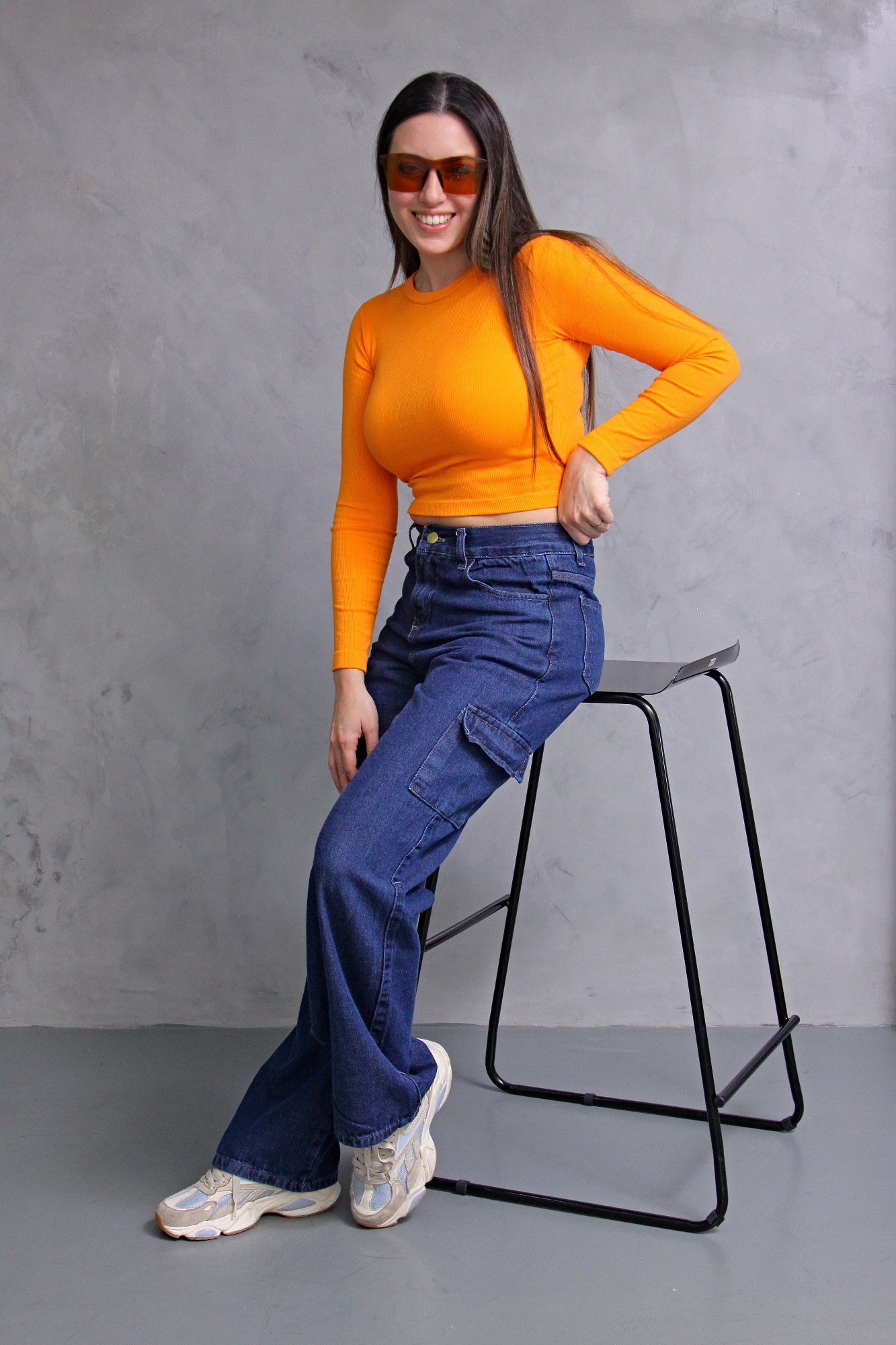 Wide Leg Cargo Azul Stone, con Bolsillo Delantero, Tiro Alto - Imagen 4
