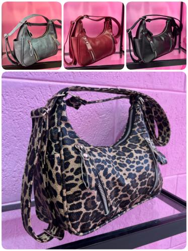 Cartera Mini Bag Baguette Bolsillos Negra Animal Print Bordo Marrón
