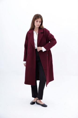 (us4690) Tapado Largo de Paño Estilo Trench con Cinto y Tajo