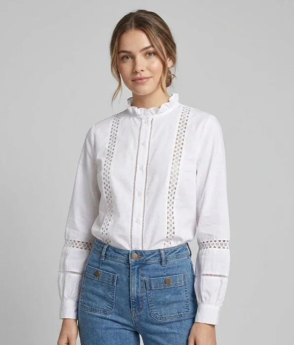 (us4693) Camisa con con Puntilla Cuello Alto Volado