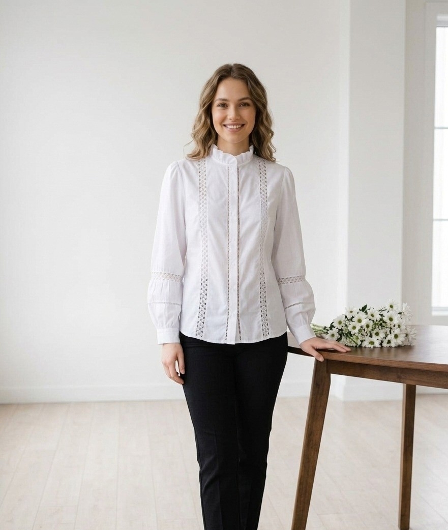(us4693) Camisa con con Puntilla Cuello Alto Volado - Imagen 2