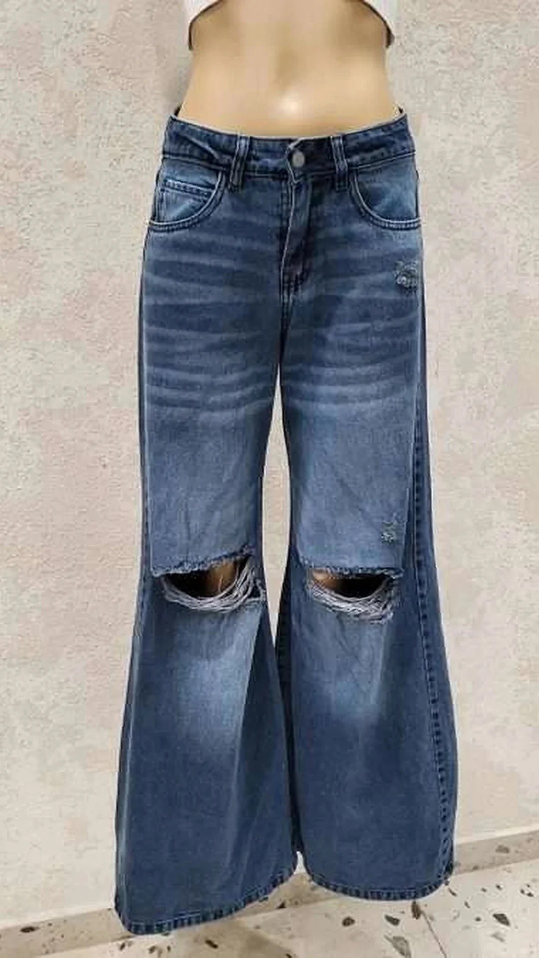 Mega  Wide Color Azul  con Roturas Tiro Medio Denim Premium - Imagen 3