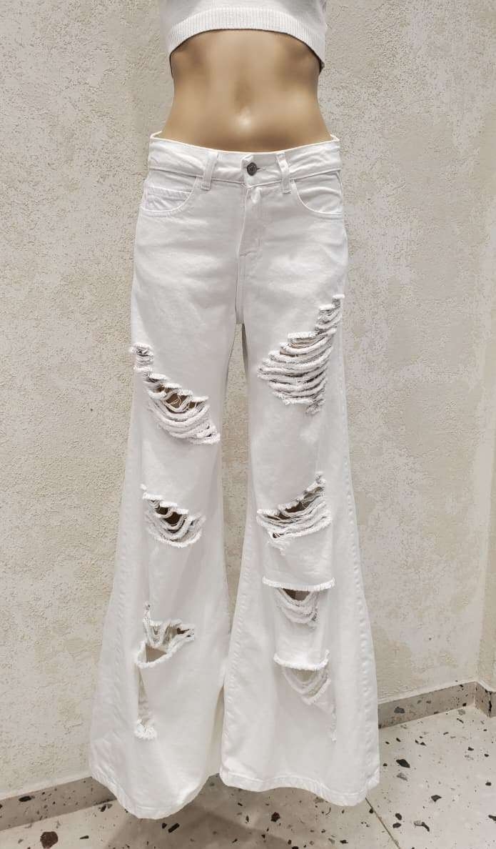 Mega Wide Color Blanco con Roturas Denim Rigido Premium - Imagen 2
