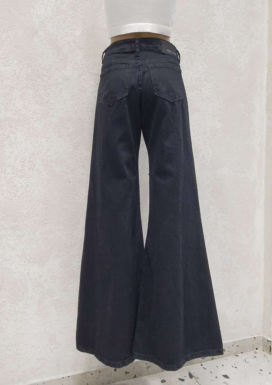 Mega Wide Colornnegro con Roturas Tiro Medio Denim Rigido Premium - Imagen 2