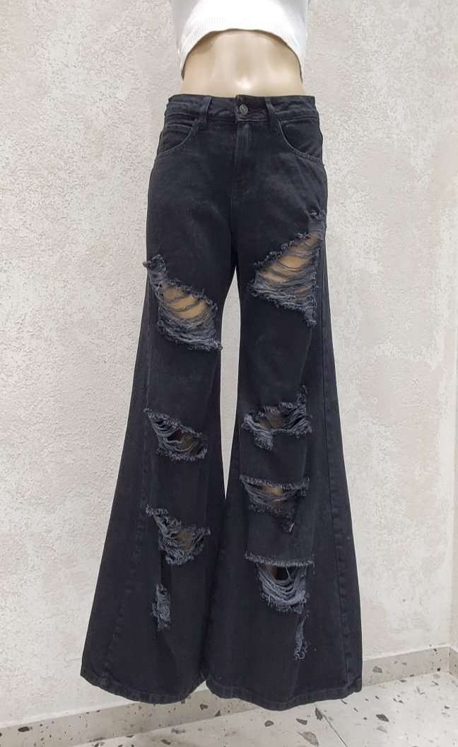 Mega Wide Colornnegro con Roturas Tiro Medio Denim Rigido Premium - Imagen 3