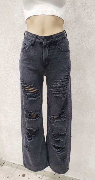 Wide Leg  Gris con Roturas Tiro Medio Denim Premium