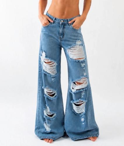 Pantalón Full Wide Leg con Roturas Tiro Alto