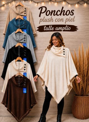 Ponchos Plush con Piel Talle Unico Amplio
