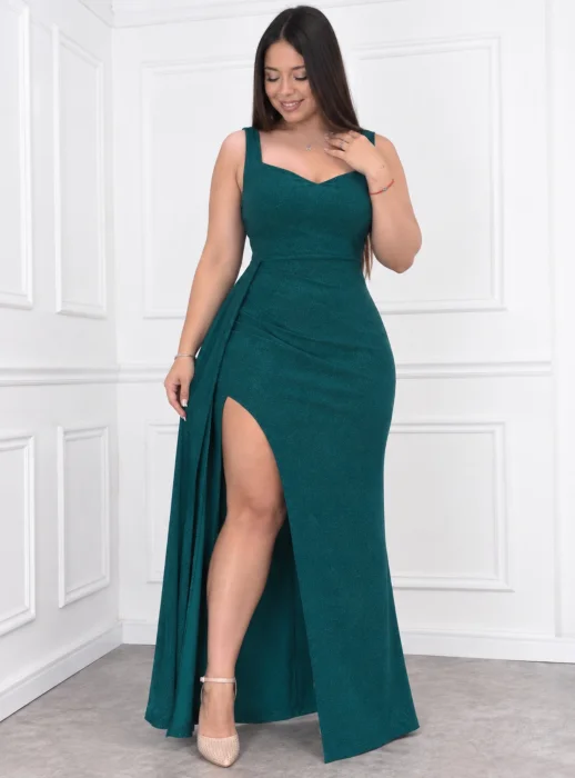 Vestido Largo con Tajo y Solapa Stras