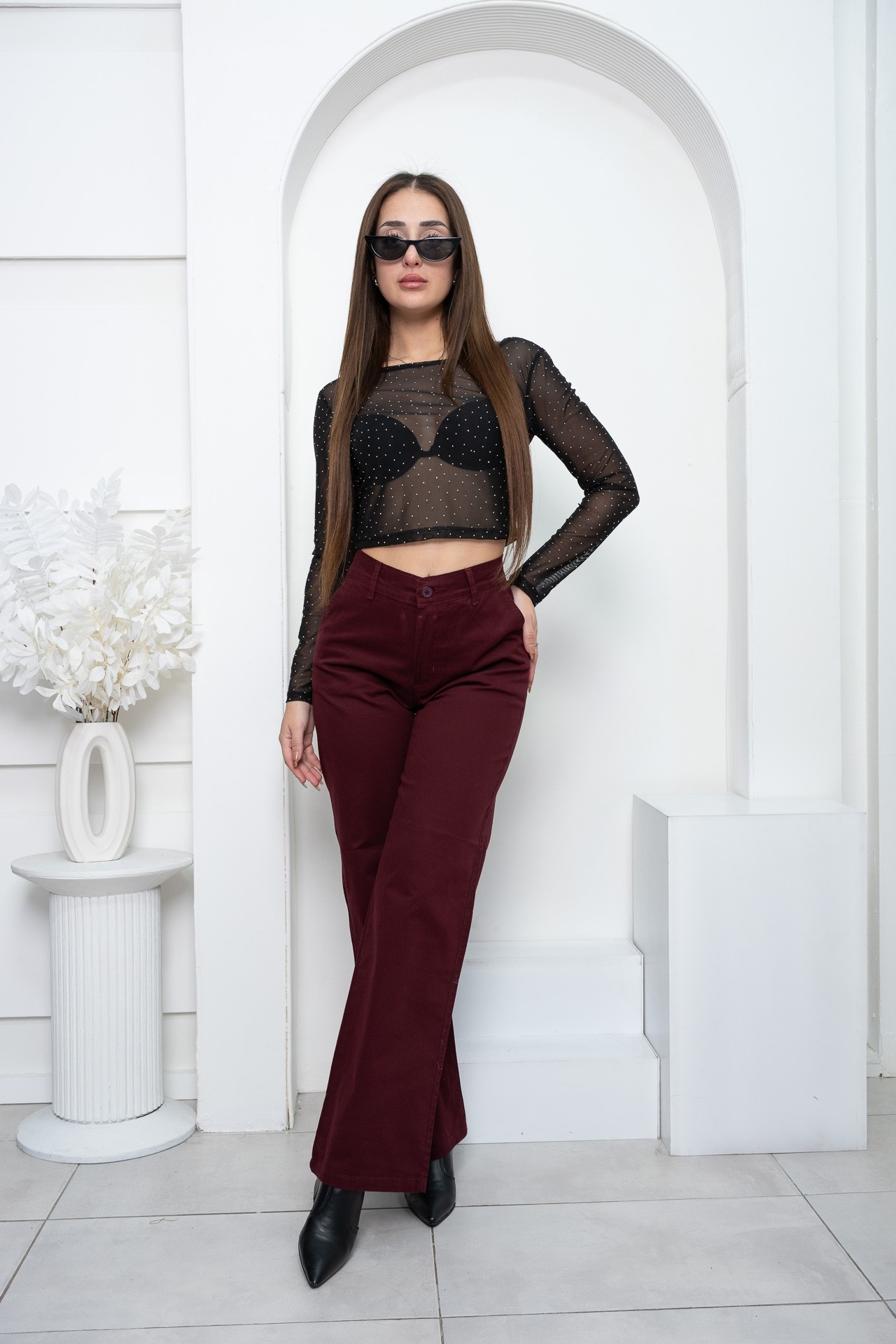 Pantalon de Gabardina Bota Ancha - Bordo - Imagen 4
