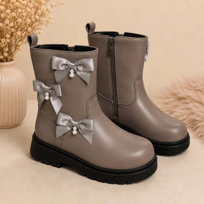 Borcego Niña Bota Nena Infantil Moños Satinados Perlas Beige Gris Negro Importado