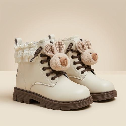 Borcego Niña Accesorio Osito Nena Cordones Ecocuero Beige Negro Importado