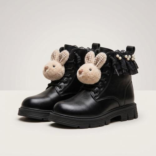 Borcego Niña Accesorio Osito Nena Cordones Ecocuero Beige Negro Importado